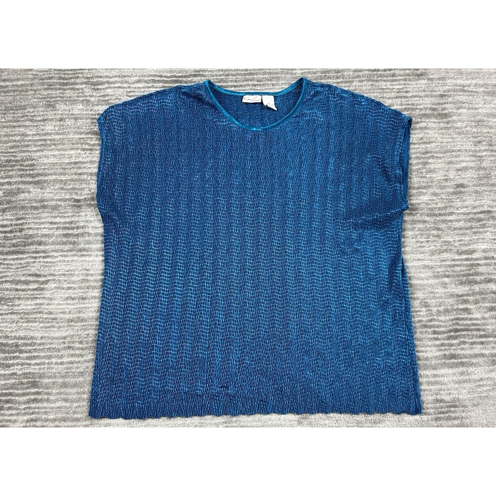 Kim Rogers Blouse Women XL Teal Blue Plisse Accordion Pleat Scoop Neck Short Slv